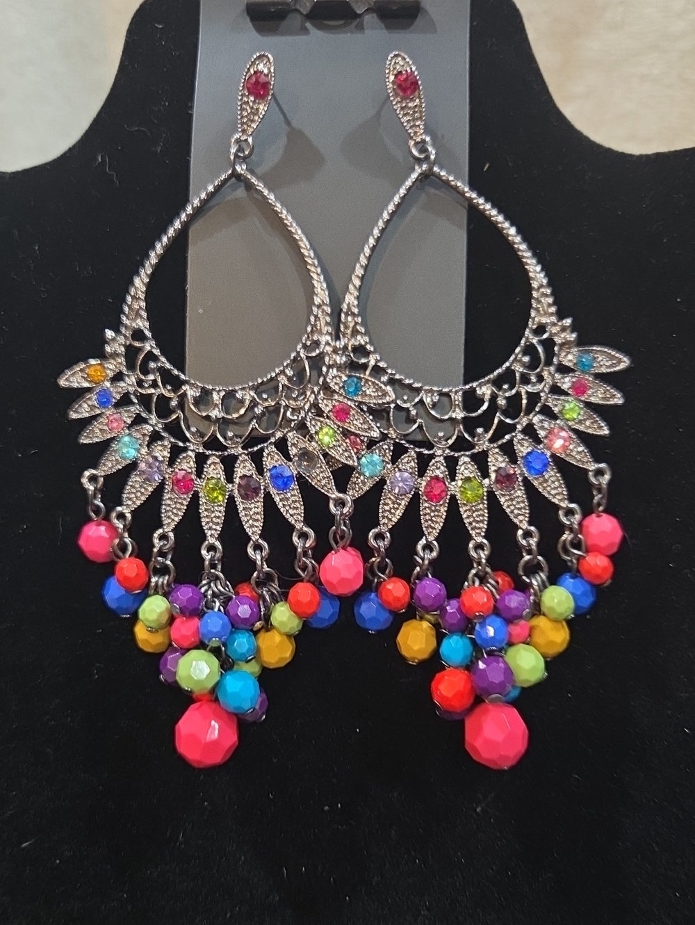 SILVER-TONE FILIGREE EARRINGS WITH MULTI COLOR FACETED BEADS AND RHINESTONES